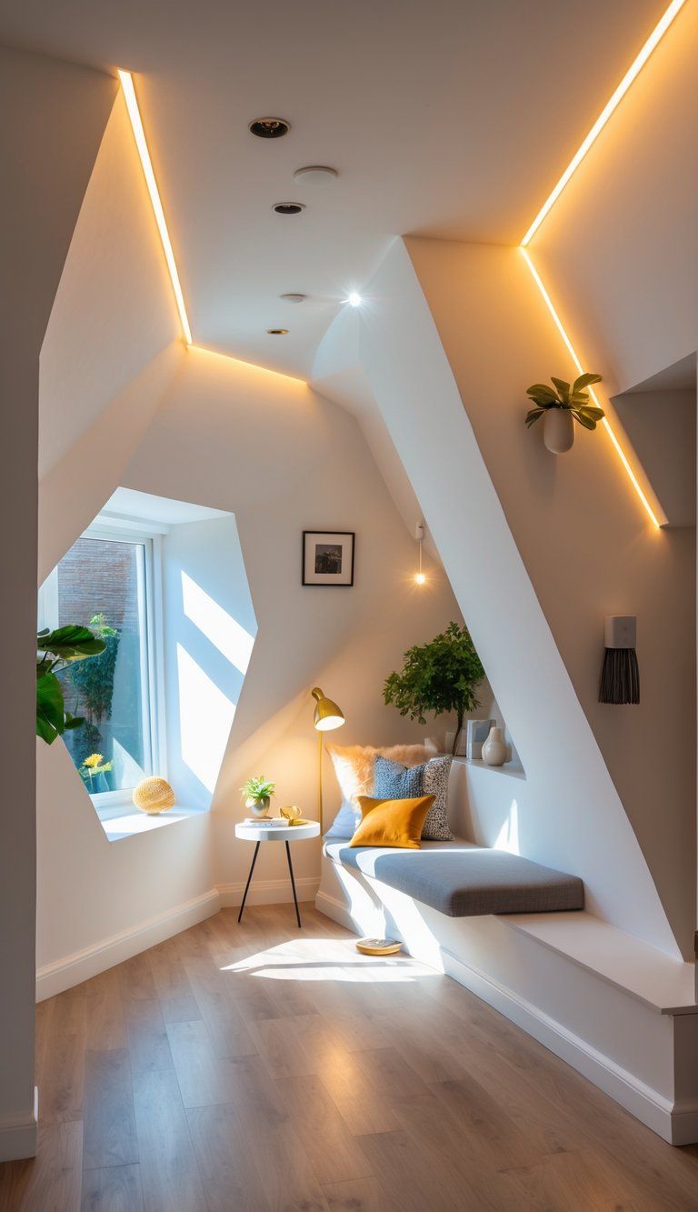 An interior of a uniquely shaped room with modern lighting fixtures illuminating the space, including a cozy reading nook with a floor lamp and natural light coming through an irregular window.