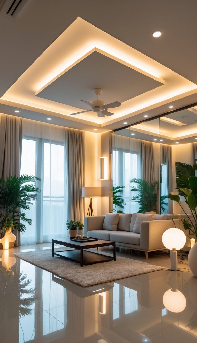 A bright living room with multiple artificial lights, light-colored walls, mirrors, and cozy furniture designed to enhance brightness in a space with little natural light.