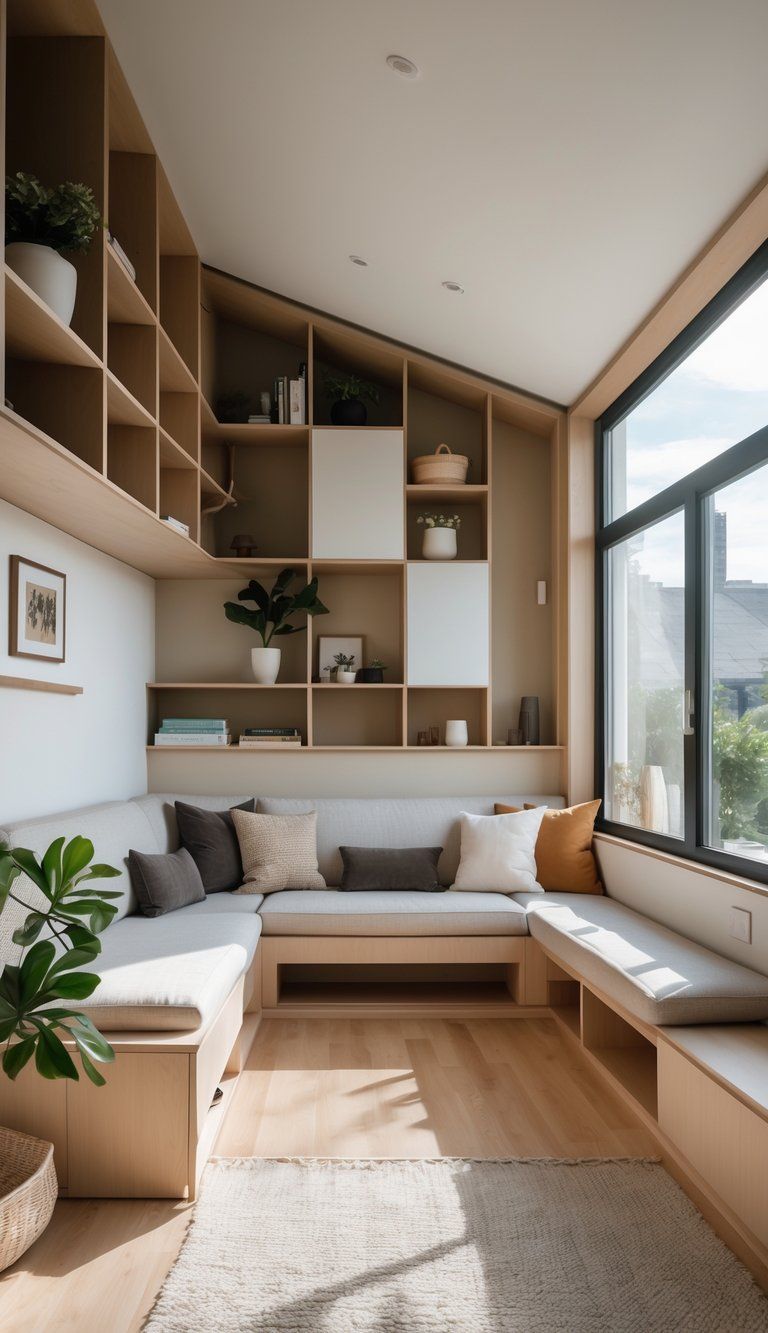 A bright living room with built-in shelves and storage, featuring furniture arranged to fit an irregularly shaped space.