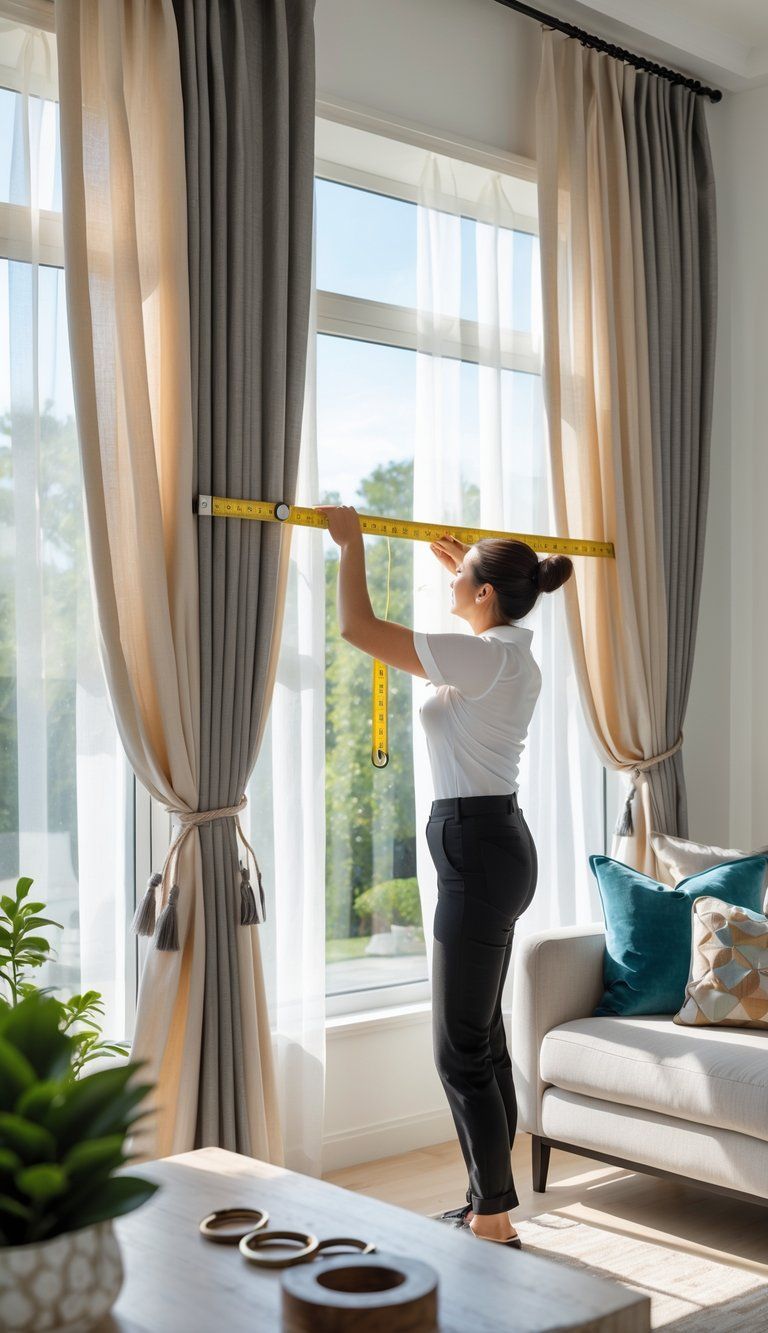 A person hanging curtains on a window in a bright living room, using tools to ensure proper alignment.
