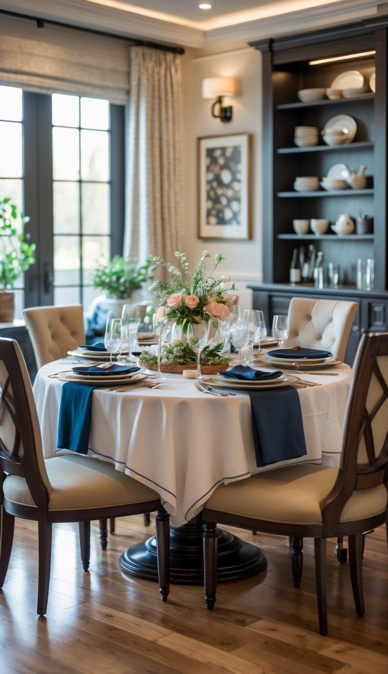 A well-lit dining room with a set table, chairs, and decorative elements creating an inviting atmosphere.