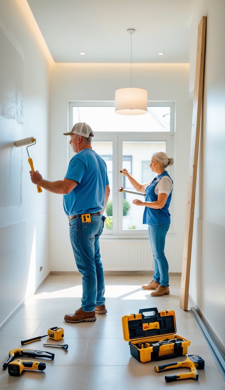 A couple working on painting a wall and measuring wood in their home while a professional contractor talks to another homeowner nearby.