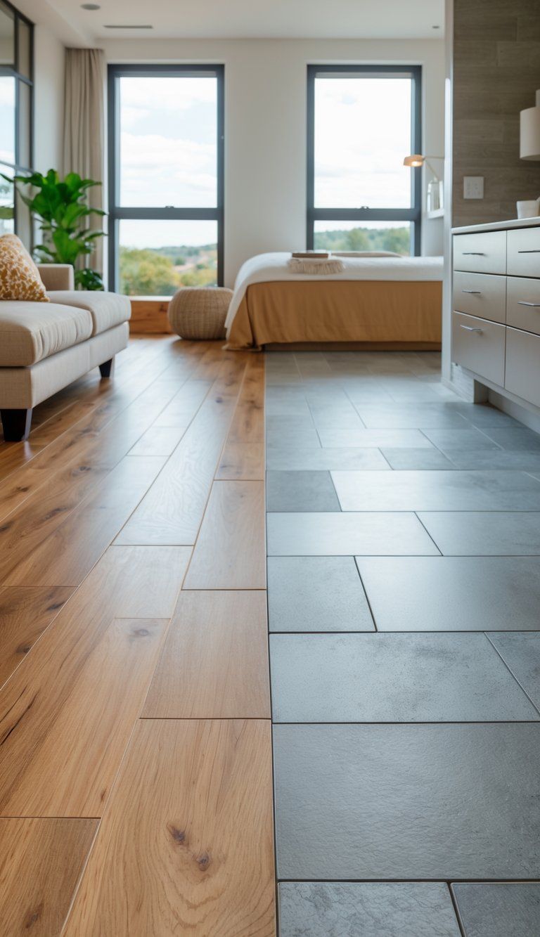 Interior scene showing different flooring materials in separate areas representing living room, kitchen, bedroom, and bathroom.