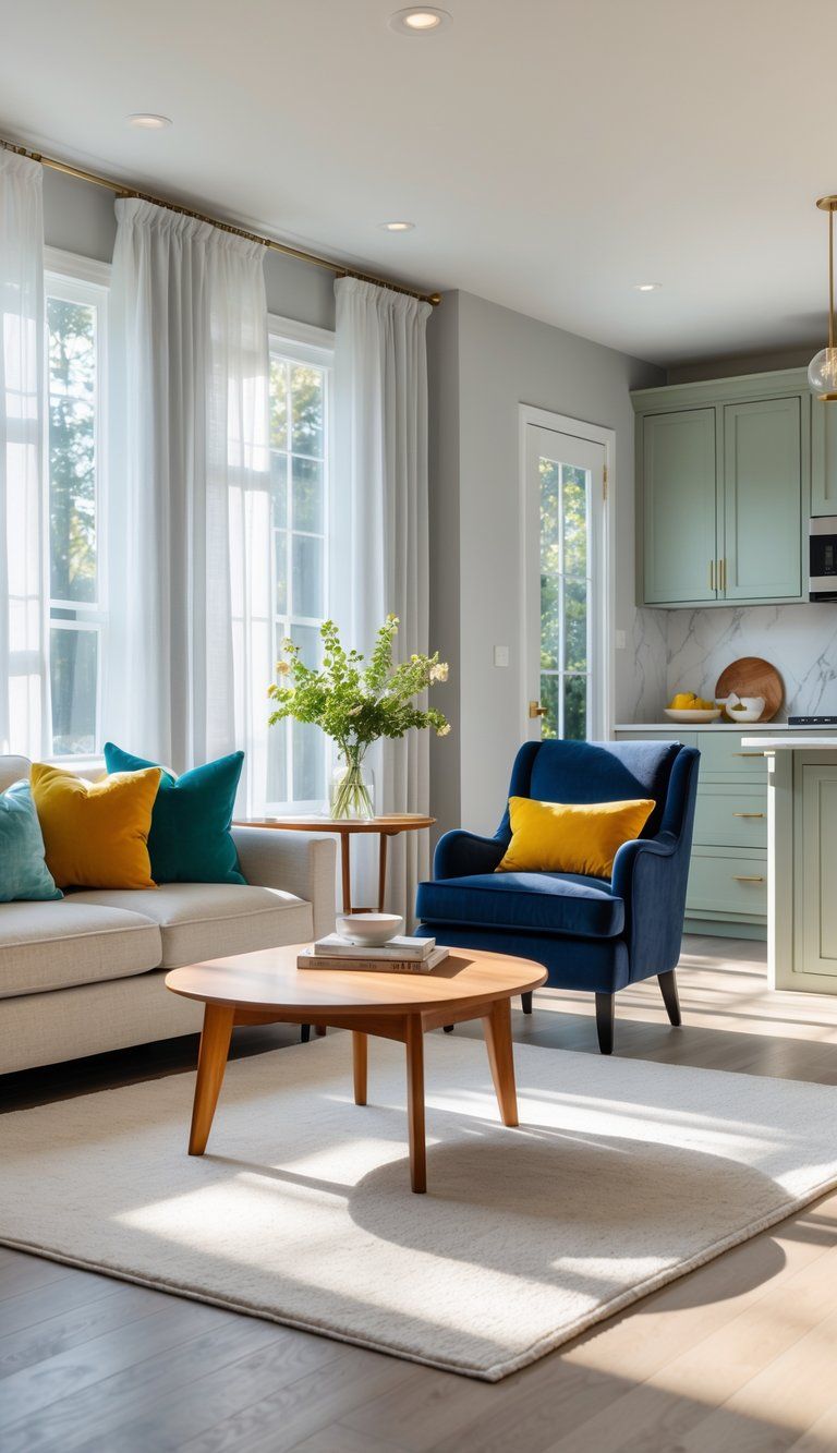 A modern living room and kitchen area featuring a beige sofa with colorful pillows, a wooden coffee table, large windows with white curtains, and a kitchen with green cabinets and marble countertops.