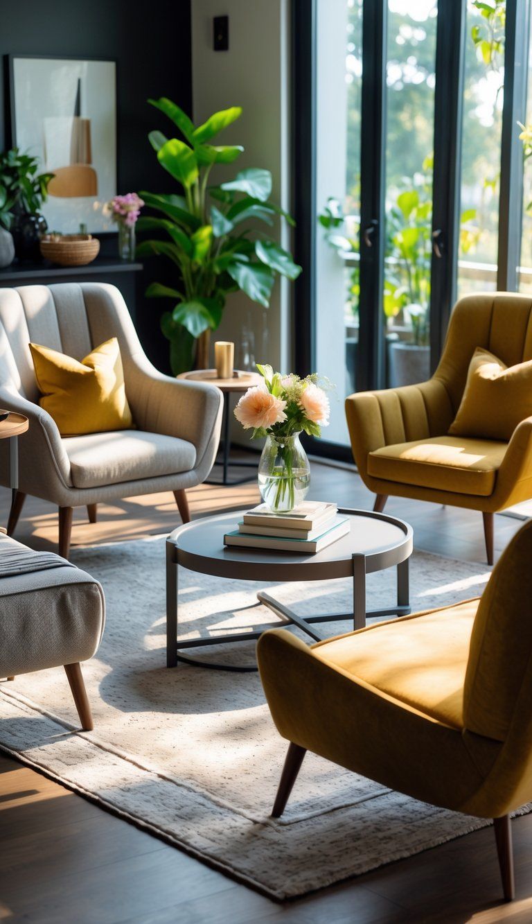 A living room with armchairs and a sofa arranged around a coffee table to encourage conversation.