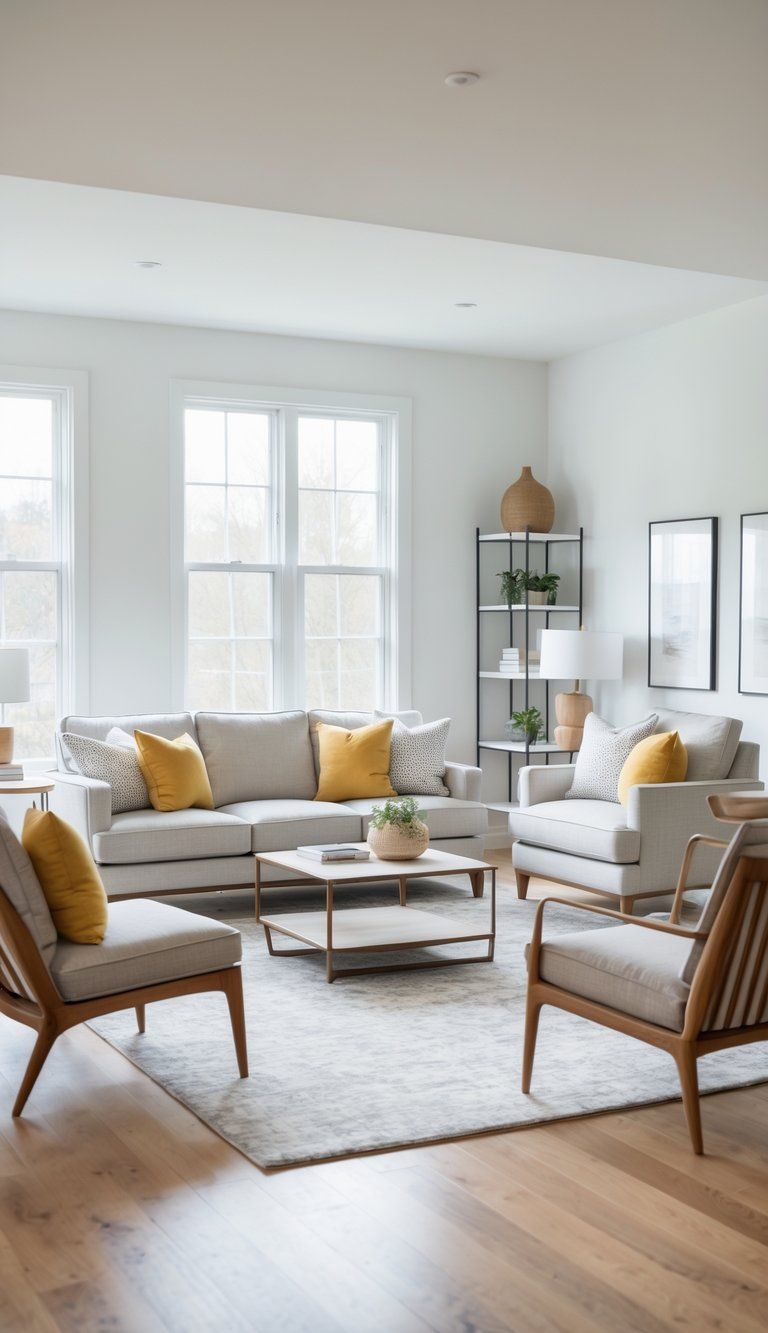 A living room with well-proportioned furniture including a sofa, coffee table, and chairs arranged to fit the space comfortably.