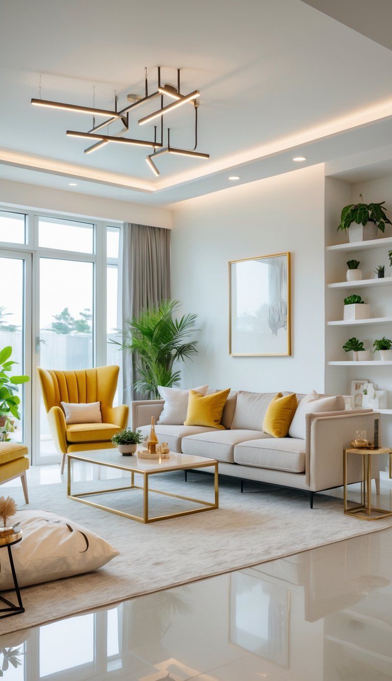 A well-lit living room with a mix of luxurious and simple furniture and decor, showing a comfortable and inviting home interior.