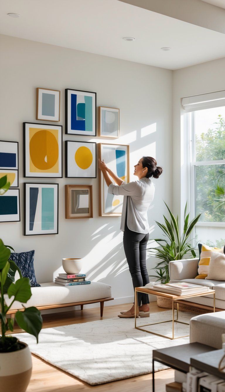 Person selecting artwork in a well-lit living room with framed art and stylish furniture.