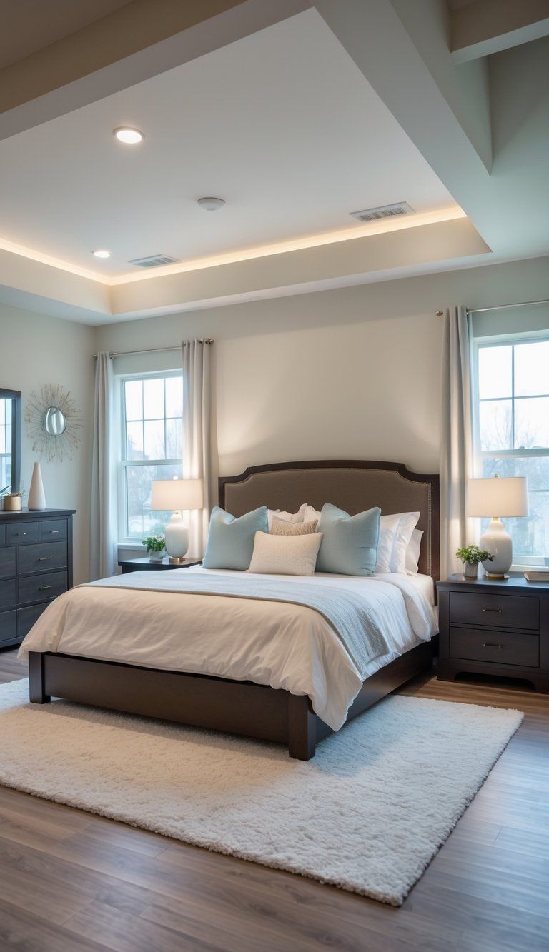 A well-lit bedroom with a queen-size bed centered among matching nightstands and a dresser, showing a balanced furniture arrangement.