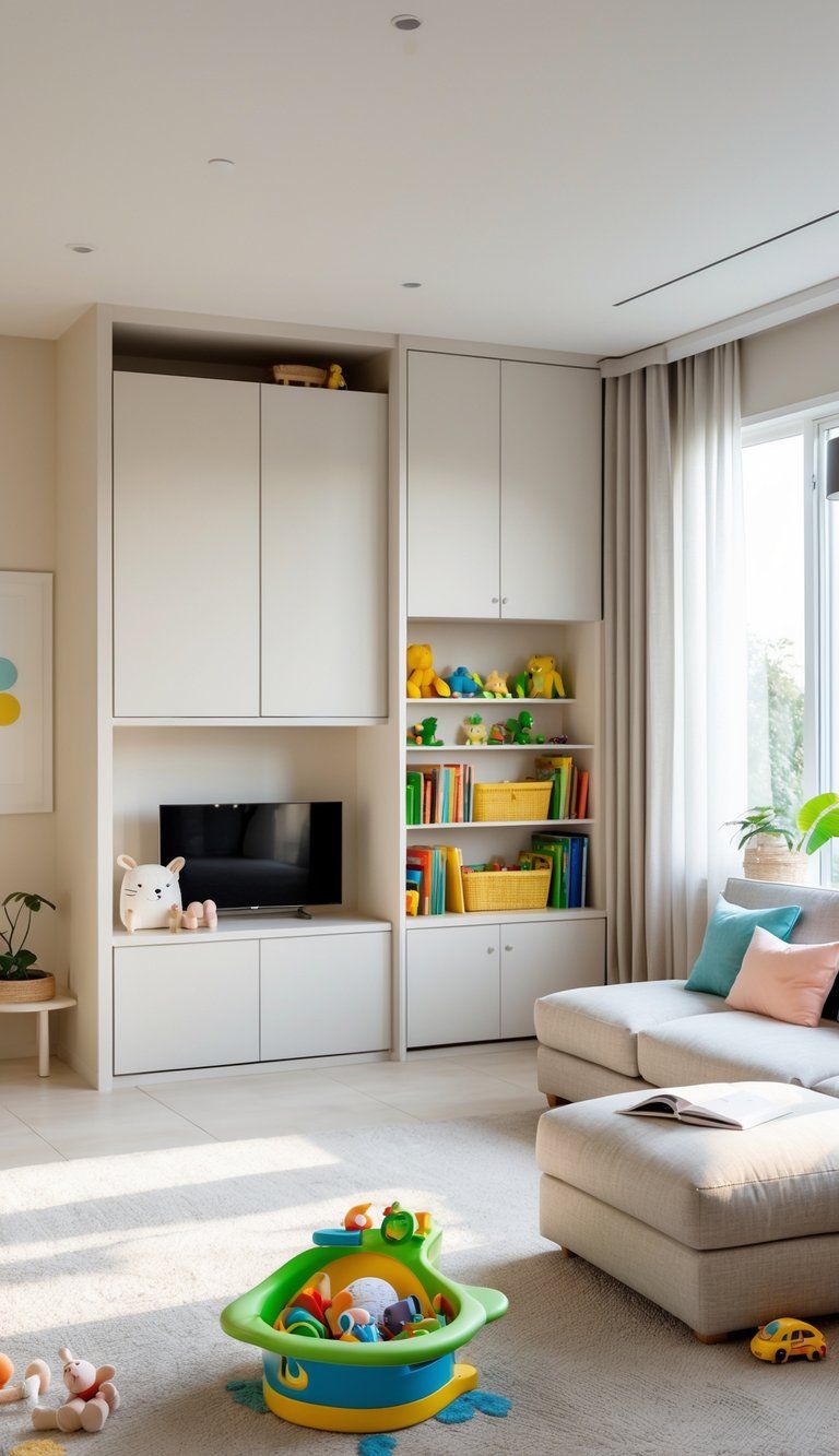 A tidy modern family living room with built-in storage, a small bookshelf with children's books, and comfortable seating, designed to be kid-friendly yet organized and subtle.