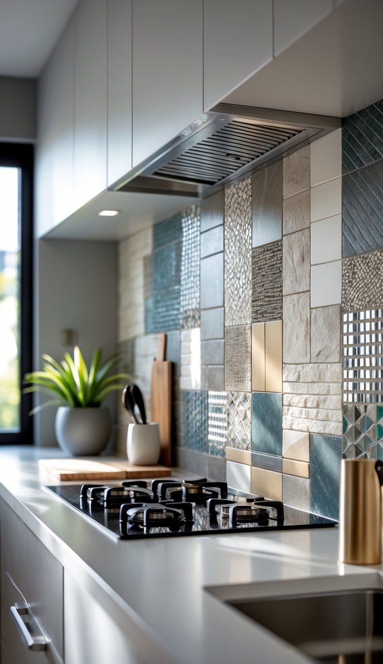 Close-up of a kitchen backsplash area displaying various specialty tile designs with a clean countertop and kitchen utensils.