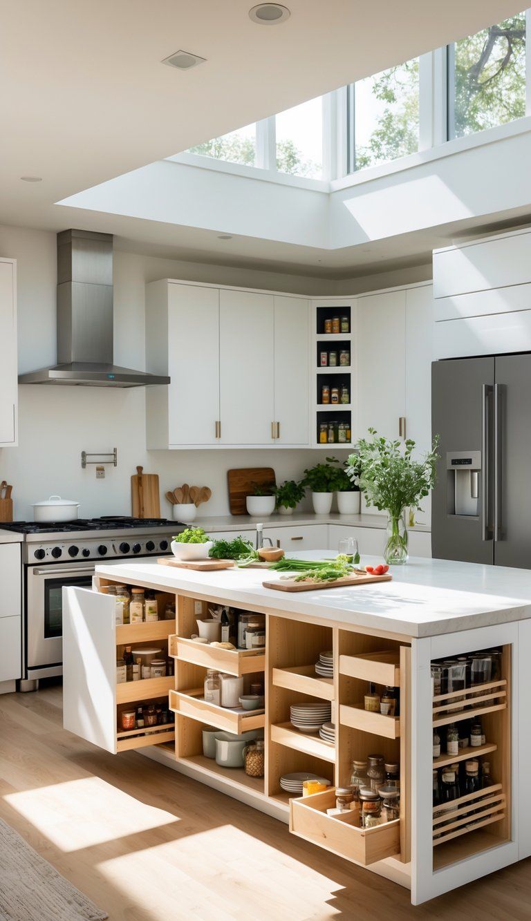 A modern kitchen with organized storage solutions, including pull-out drawers, built-in spice racks, and a clean countertop with cooking utensils.