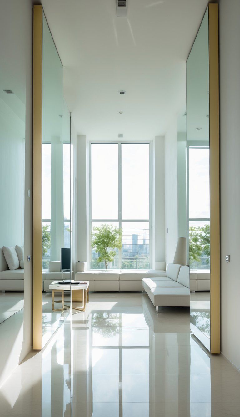 A modern living room with low ceilings featuring large wall mirrors that reflect light and create an illusion of increased height.