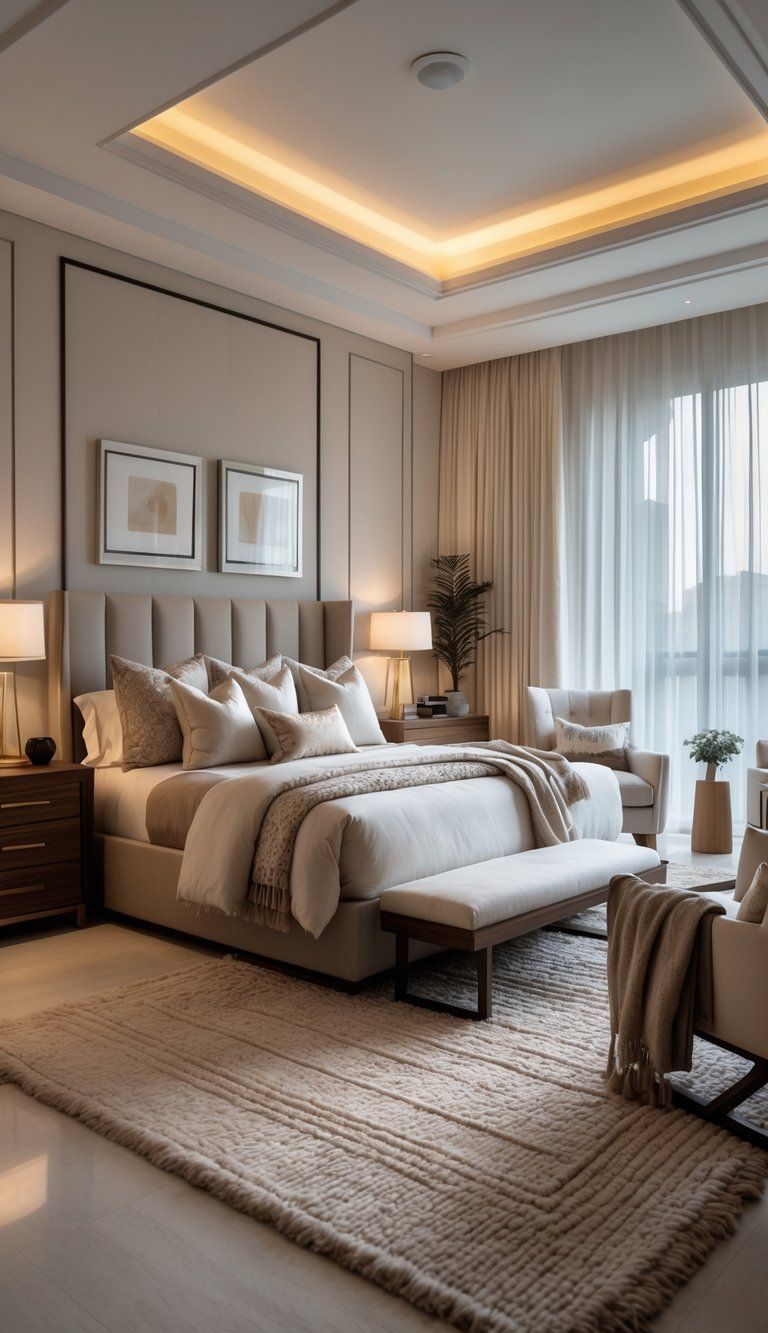 A spacious master bedroom with a large bed, nightstands with lamps, an armchair by a window, and a dresser with decorative items.