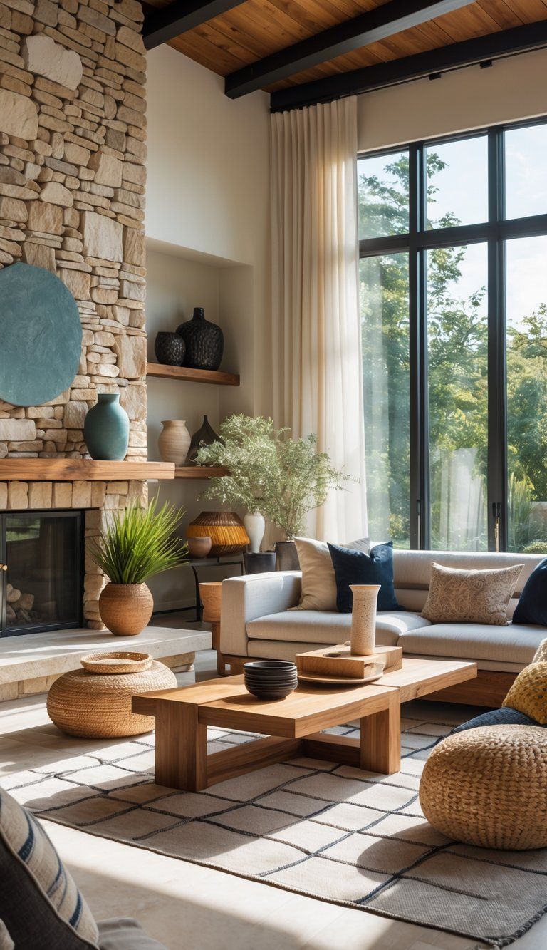 A well-lit living room with a mix of modern and traditional furniture and natural materials, including wood, glass, and fabric.