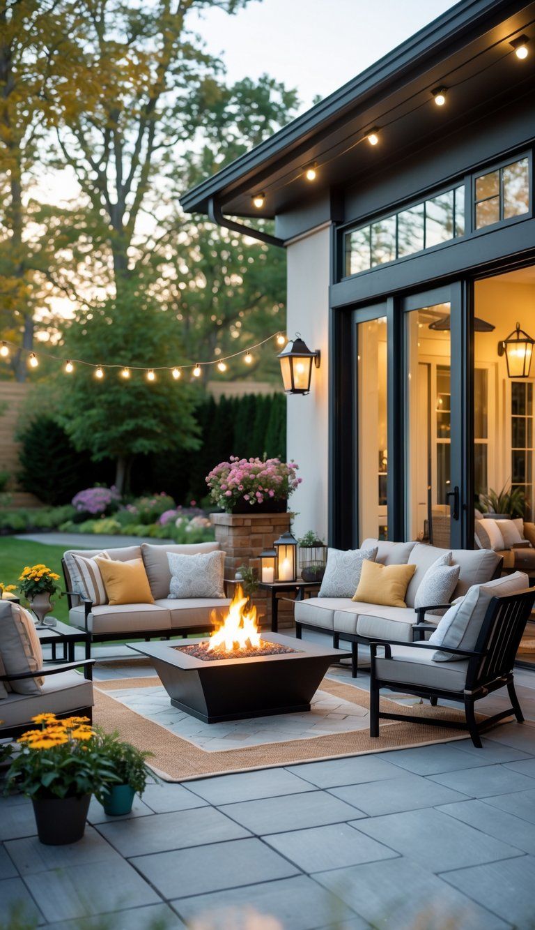 Outdoor patio with comfortable furniture, fire pit, plants, and lighting connected to a house, creating an inviting living area.