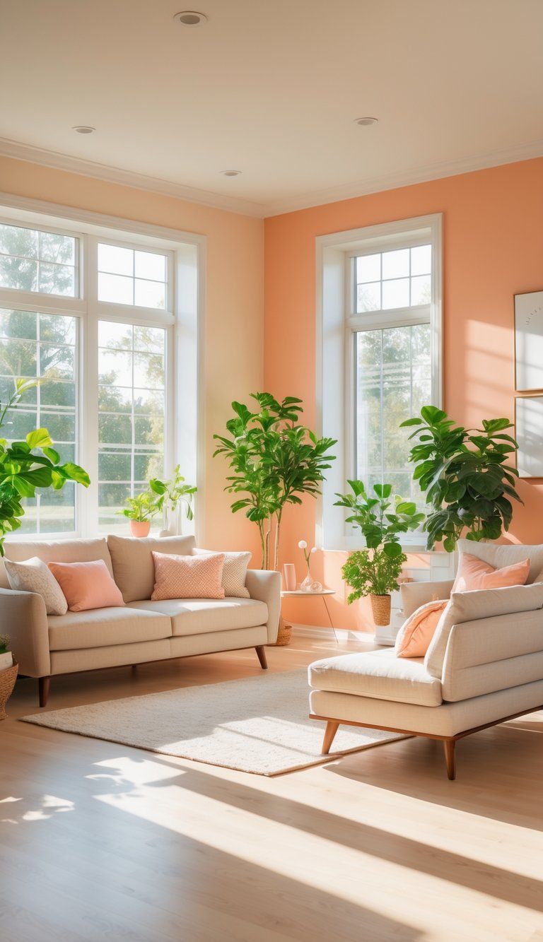 A sunlit living room with warm pastel-colored walls, modern furniture, and green plants near large windows.