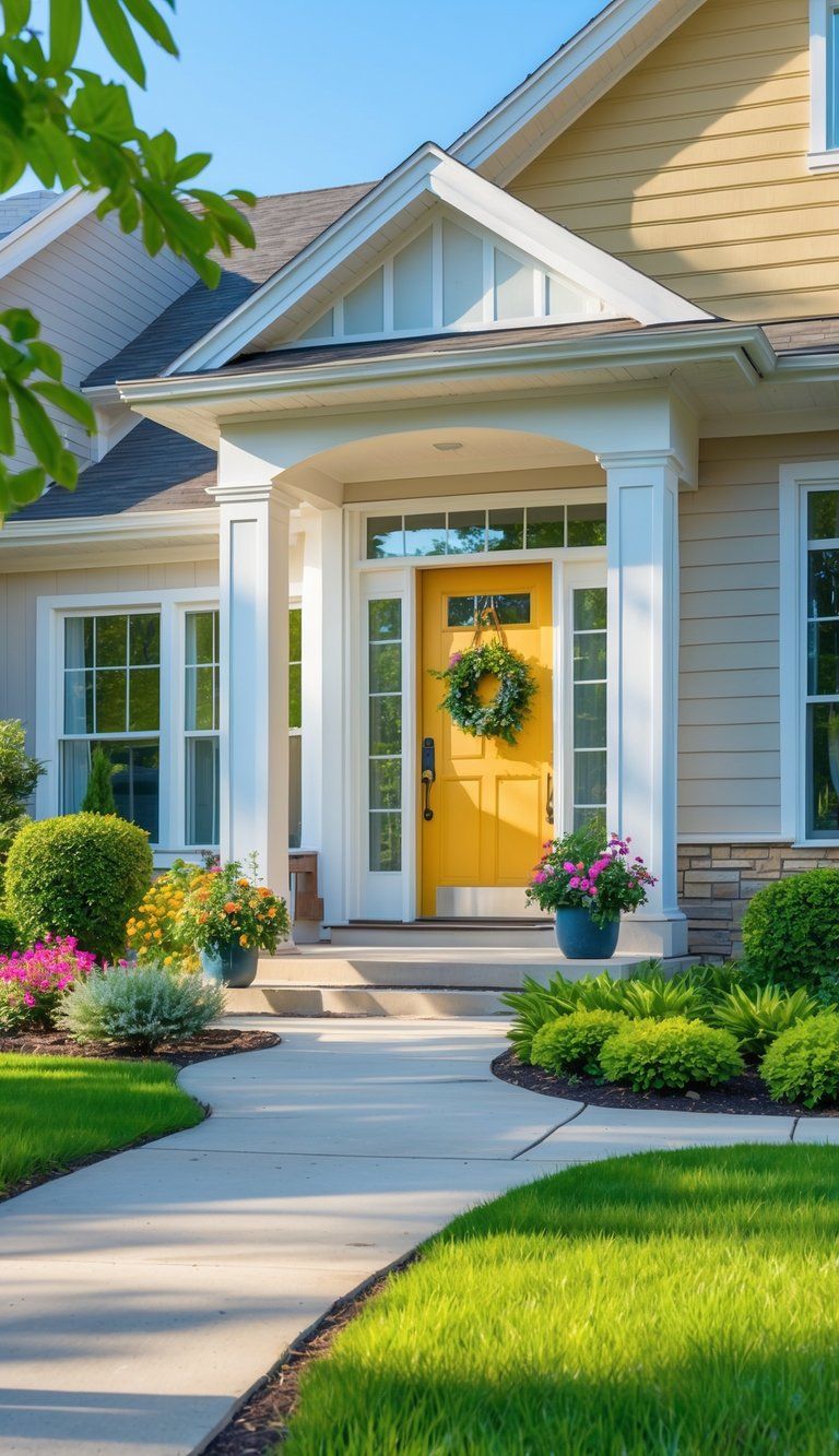 A well-maintained suburban house exterior with a colorful front door, neutral siding, white trim, and vibrant landscaping.