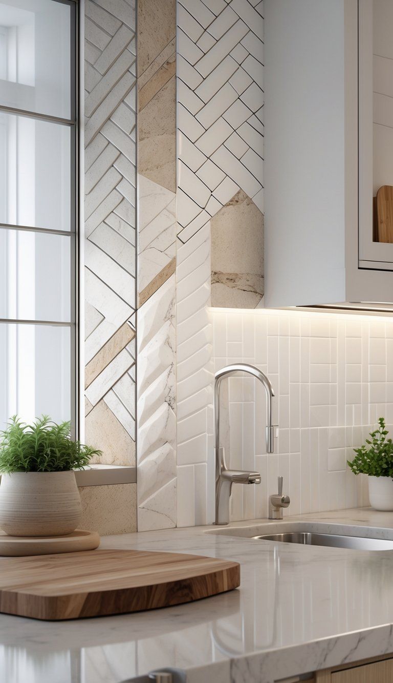 A kitchen backsplash with classic tile patterns and natural stone materials above a marble countertop with kitchen accessories.