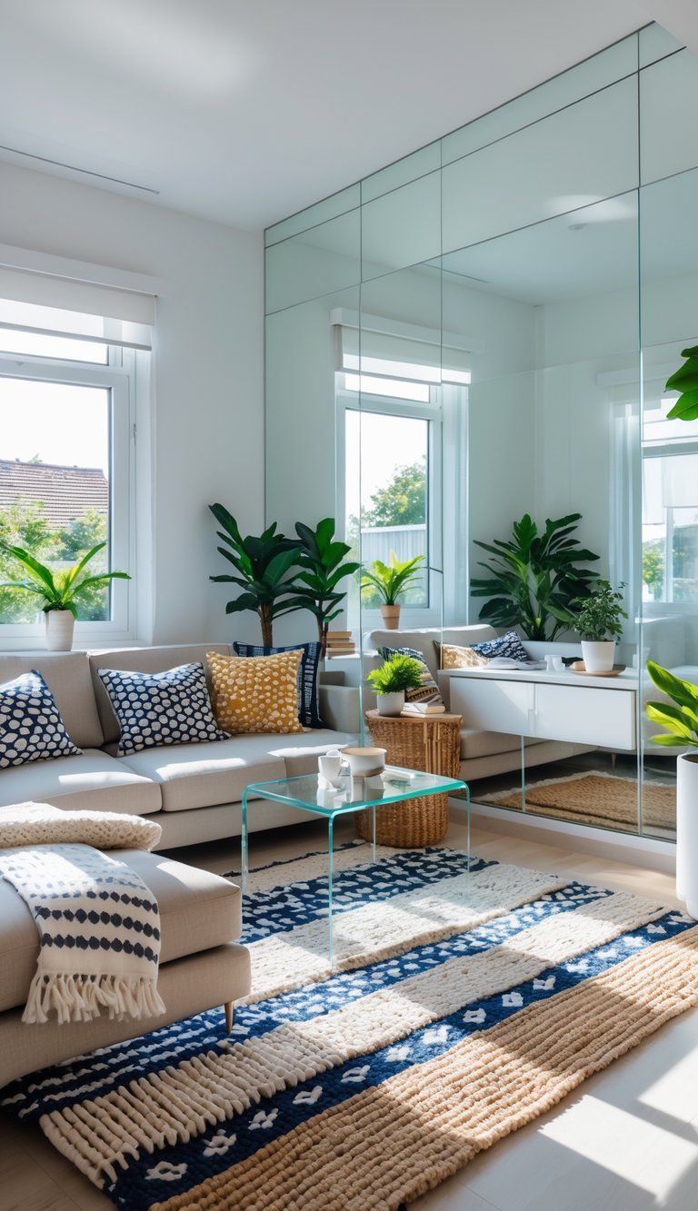 A small living room with patterned cushions, textured rugs, mirrors, and natural light creating a spacious and inviting atmosphere.