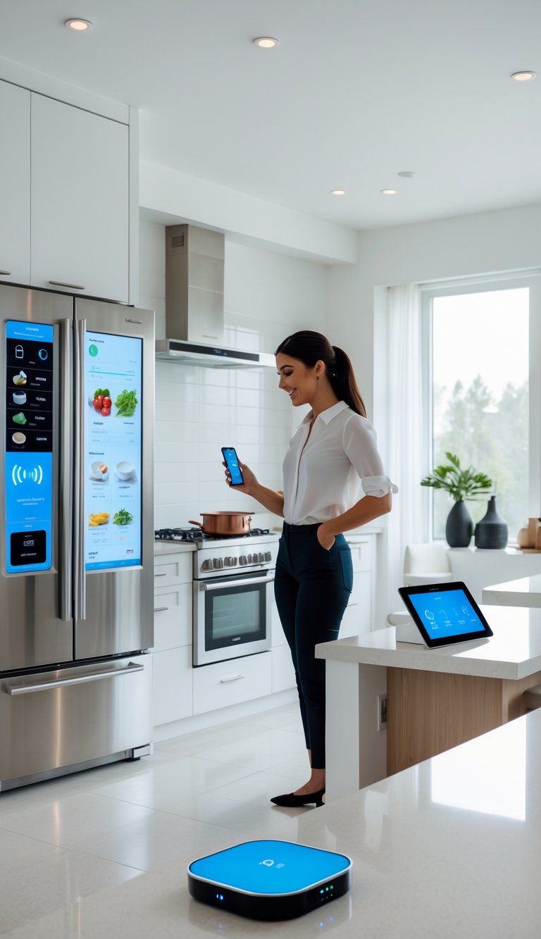 A modern kitchen and living room with smart appliances including a smart refrigerator, oven, thermostat, and lighting, with a person using a smartphone to control them.