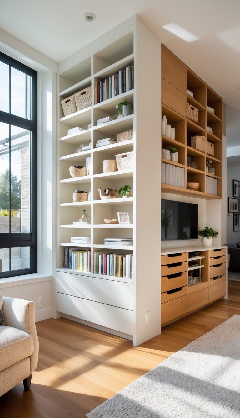 A modern living room with built-in shelves and custom cabinets neatly organizing books and decor, illuminated by natural light.