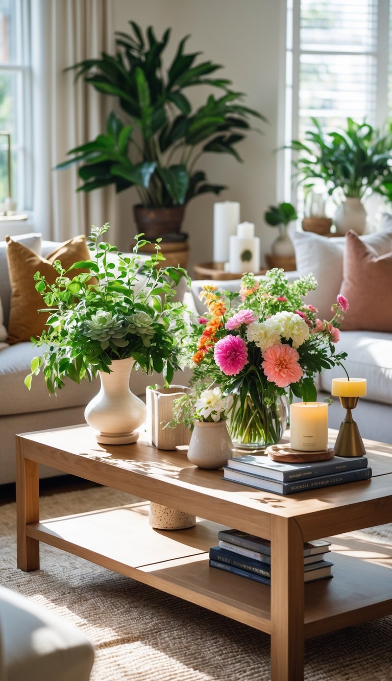 A coffee table decorated with green plants, colorful flowers, books, and candles in a bright living room.