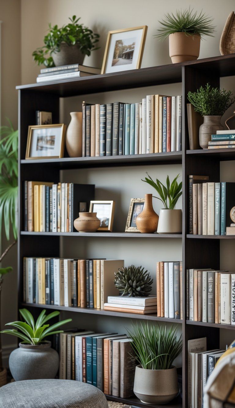 Bookshelf filled with books and decorative items like plants, vases, and framed photos in a cozy living room.