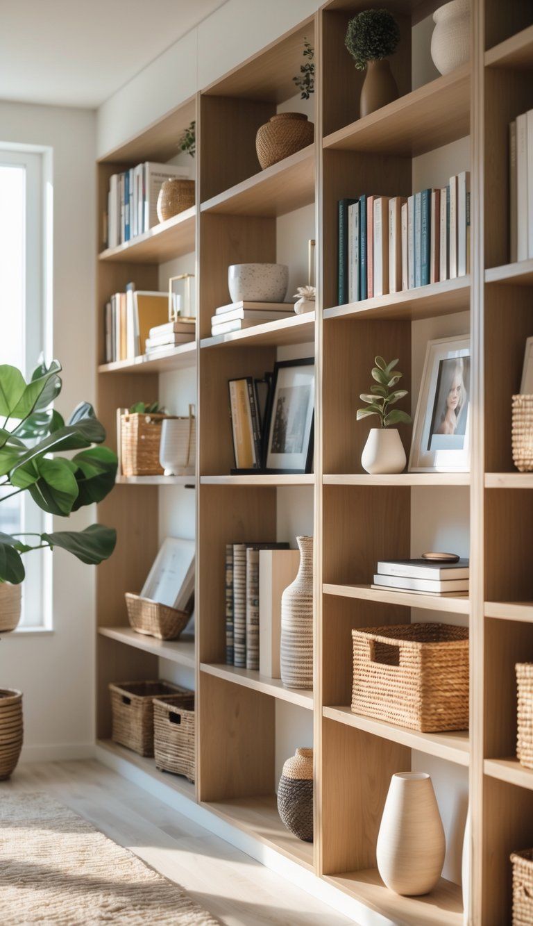 A neatly organized shelving area with bookcases and built-in shelves filled with books, decorative items, and storage baskets in a bright room.