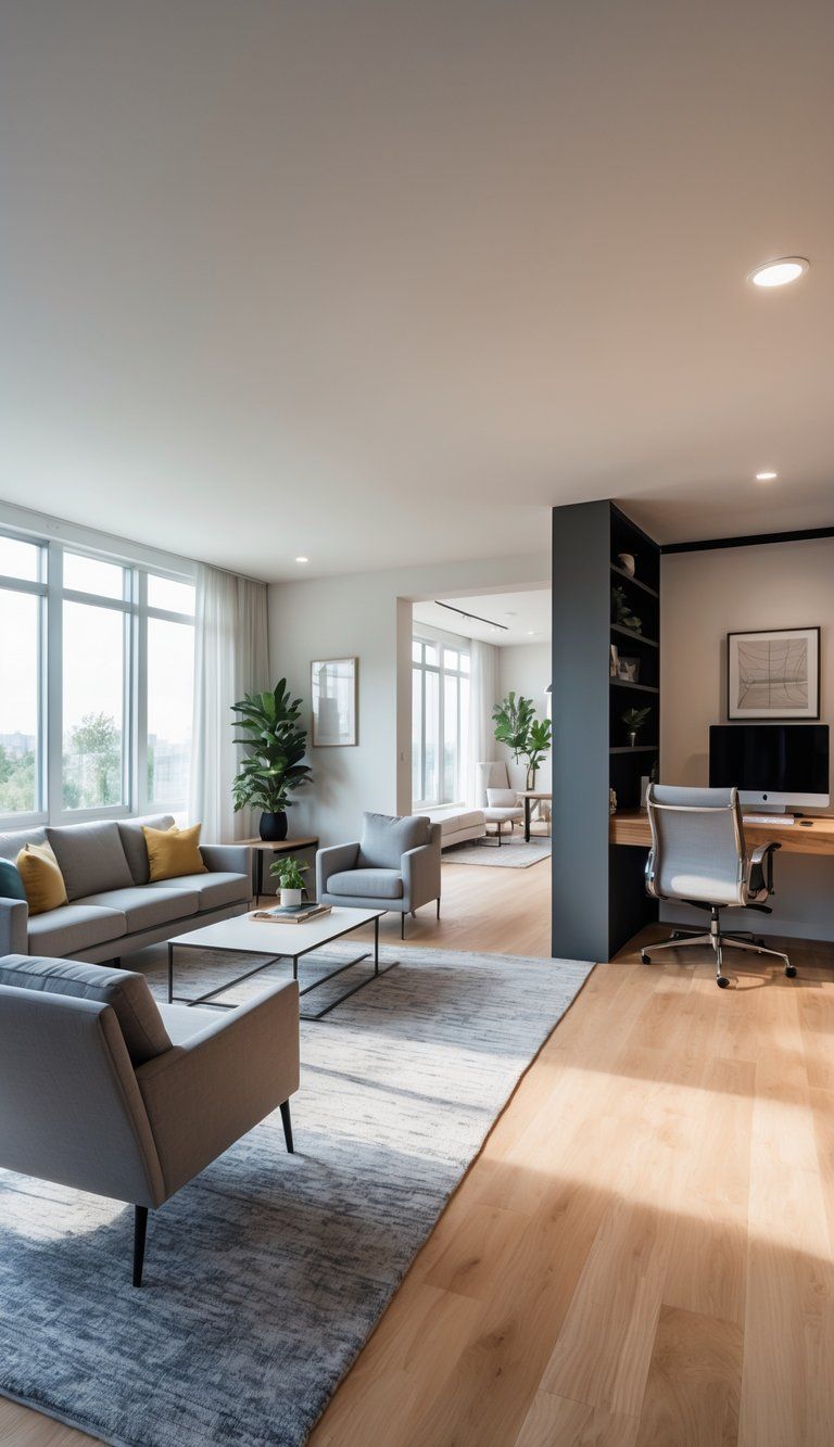 A modern living room with a seating area and a separate workspace, arranged to define different functional zones.