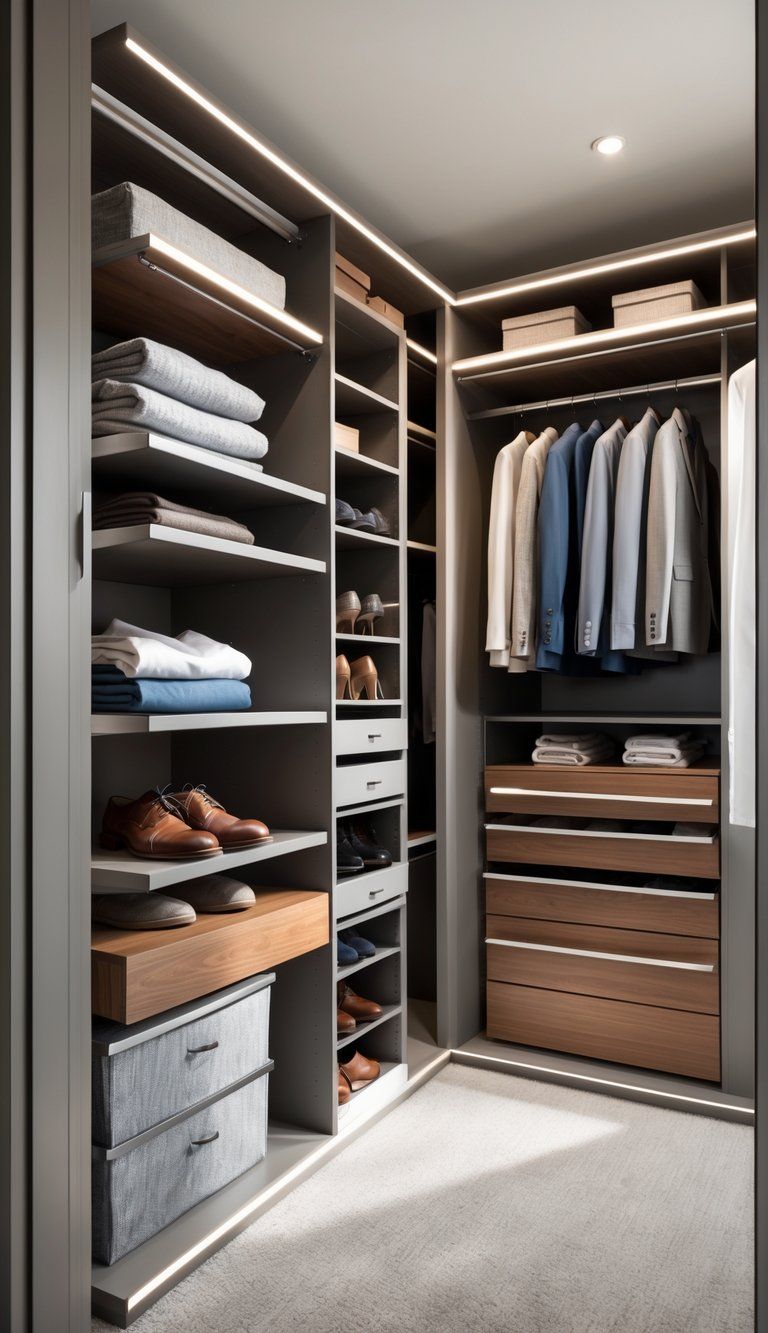 A spacious, organized closet with shelves, drawers, and hanging rods made from wood, metal, and glass, containing clothes, shoes, and storage bins.