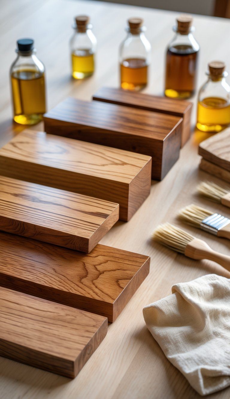 Close-up of different types of wooden surfaces finished with natural oils, displayed with bottles of oil and application tools on a wooden table.