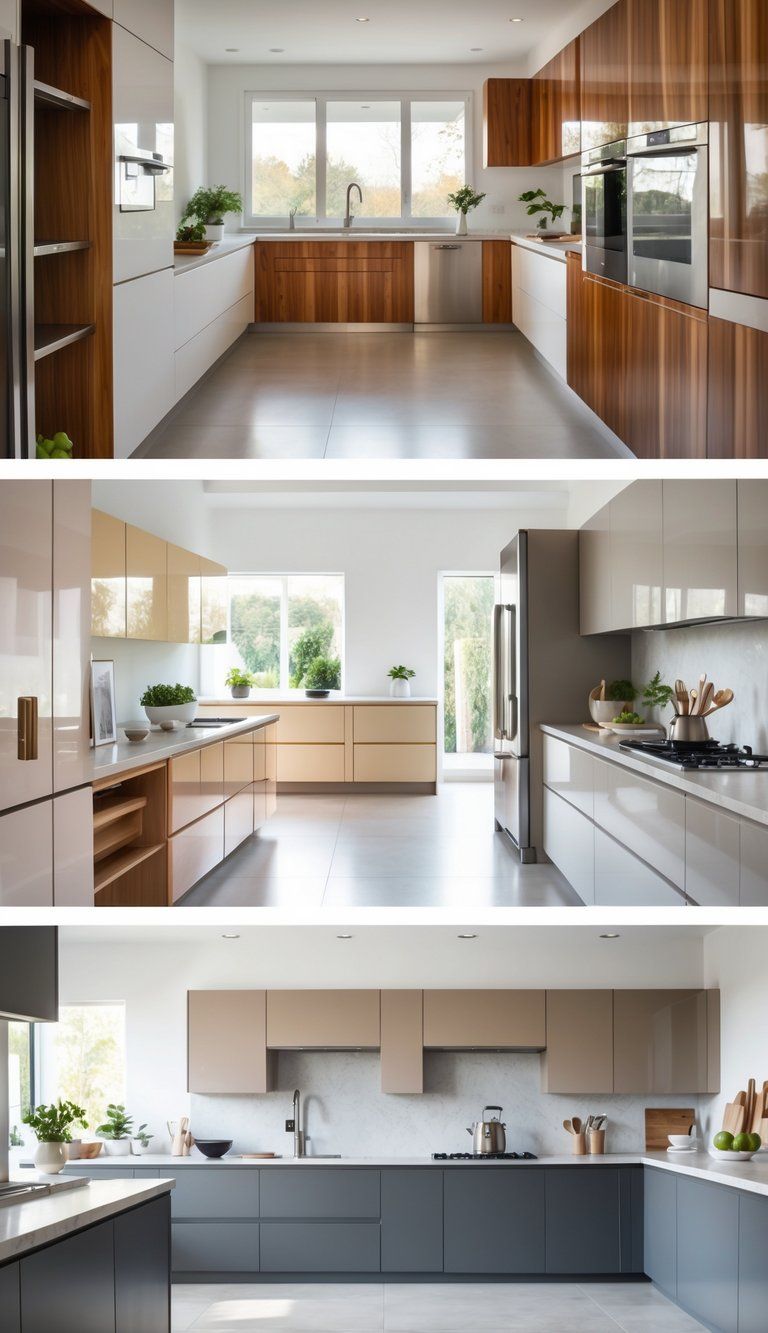 A modern kitchen with various types of cabinets and a large island under natural light.