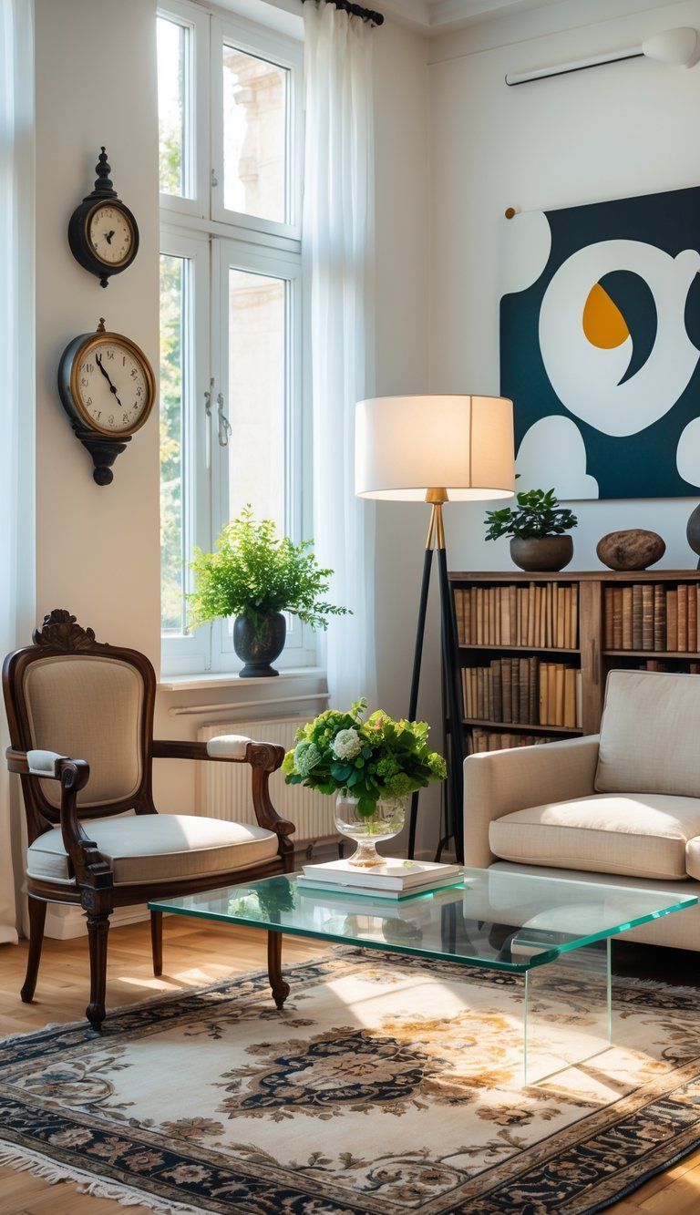 A living room combining vintage wooden armchair, modern glass coffee table, classic rug, minimalist sofa, and decorative plants under natural light.