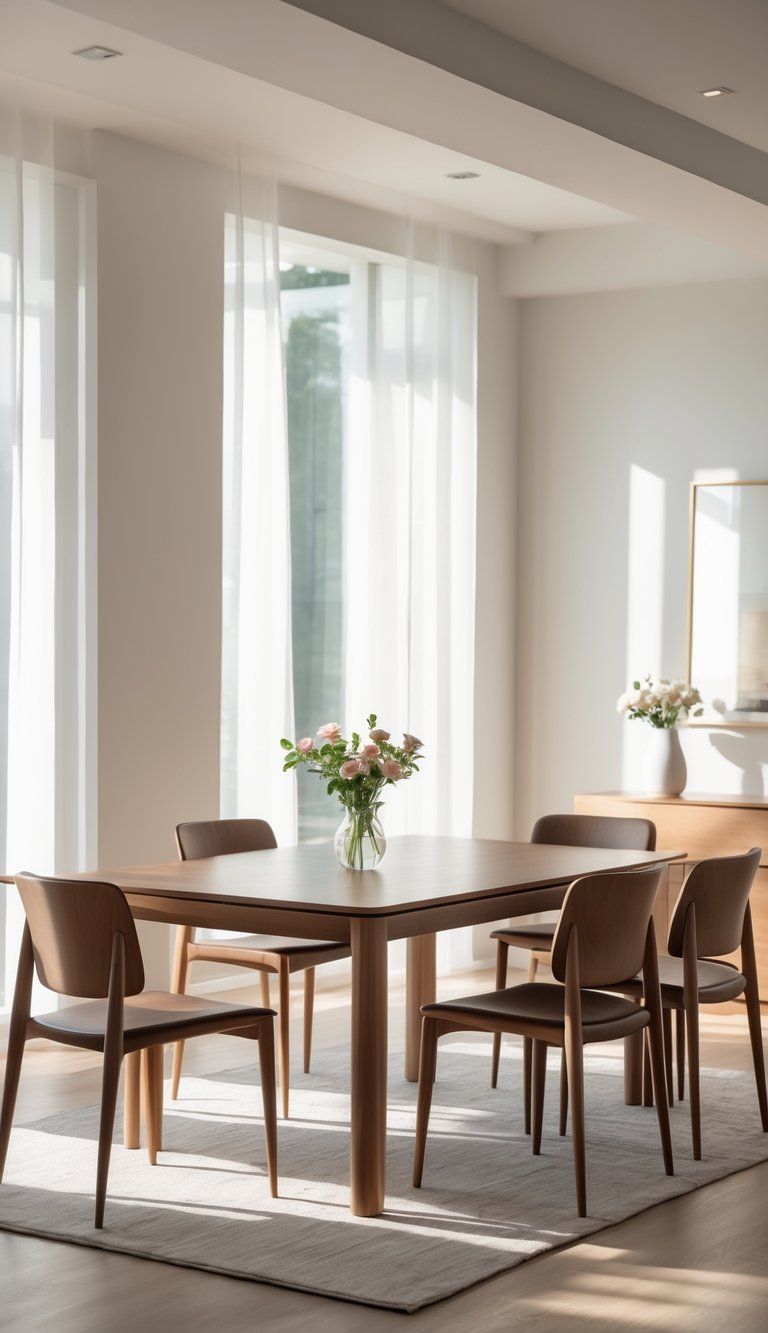 A neatly arranged dining table with matching chairs in a bright room with large windows and simple decor.