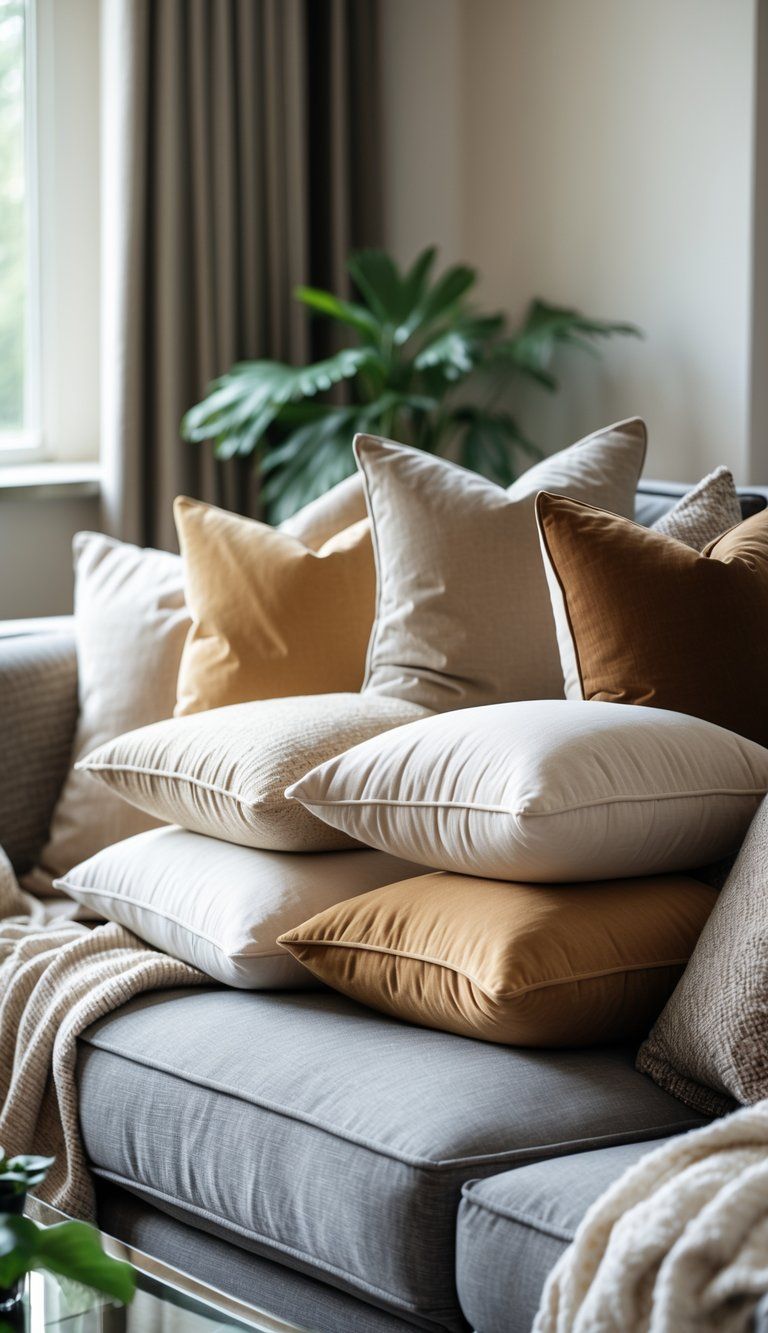 A sofa with a carefully arranged assortment of layered pillows in various sizes and textures in a cozy living room.