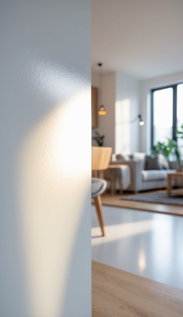 Interior view of multiple rooms showing walls with different paint finishes including satin, matte, and semi-gloss, highlighting smooth and clean surfaces.