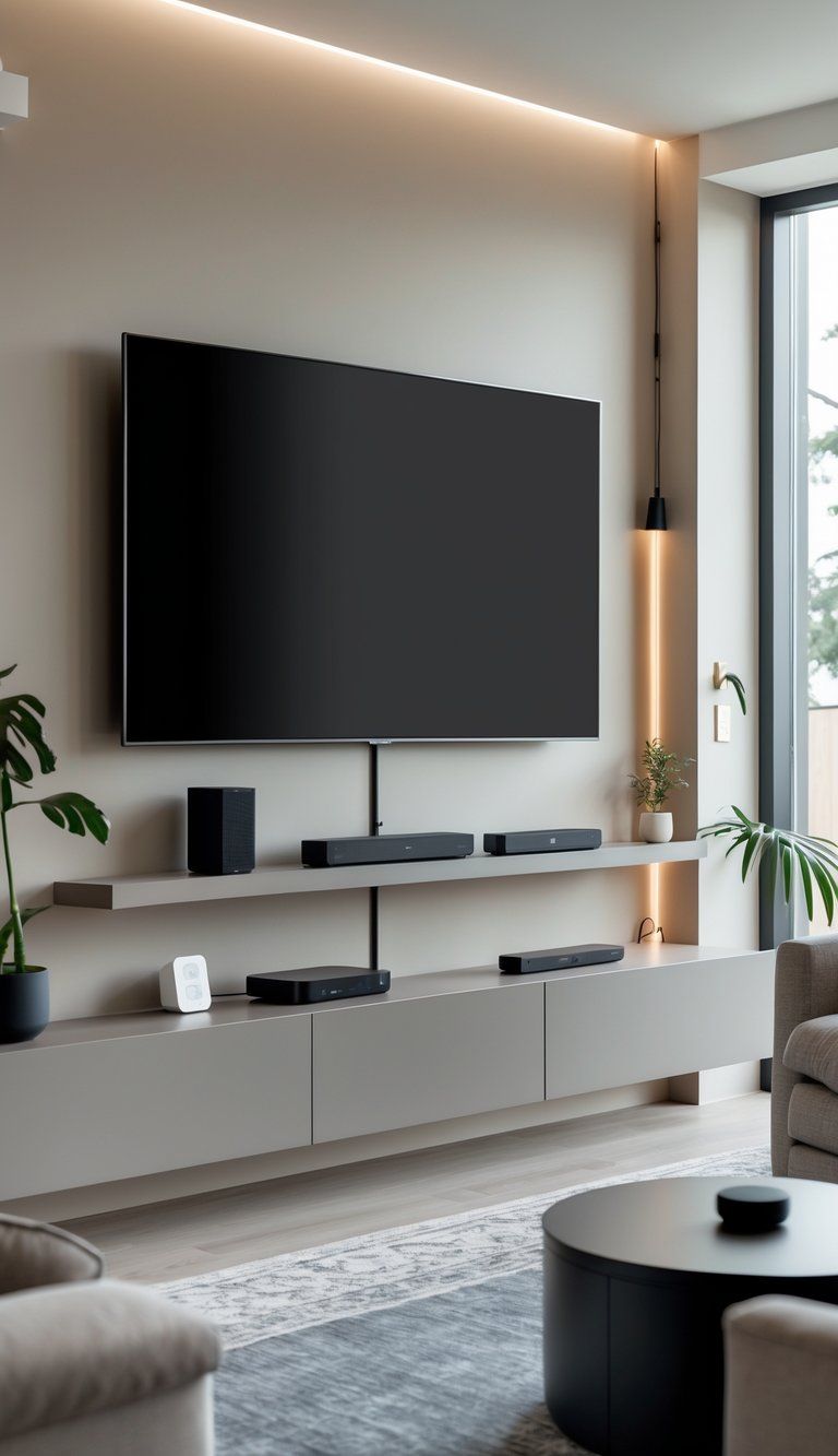 A modern living room with a wall-mounted flat-screen TV and organized smart home devices, showing neat cable management and clean, functional design.
