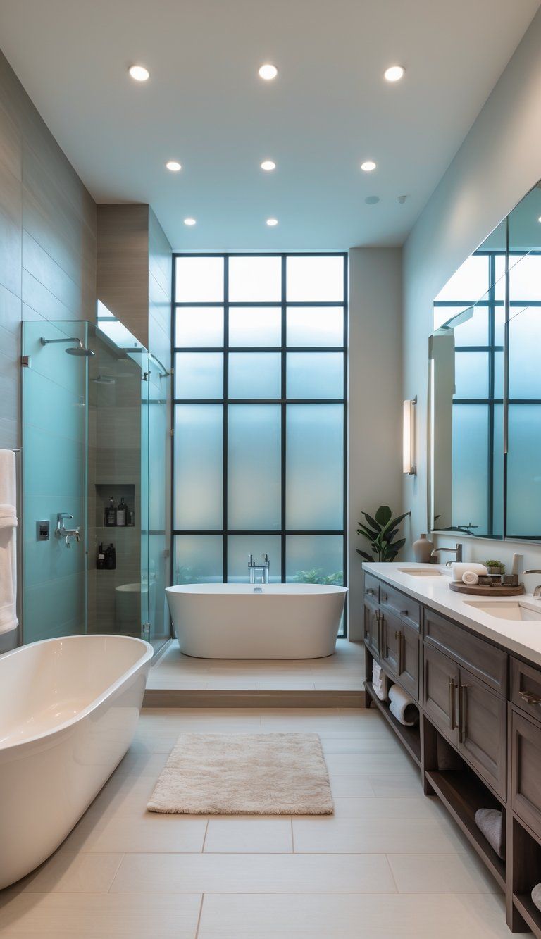 A modern bathroom with a freestanding bathtub, glass walk-in shower, double vanity with two sinks, and neutral tile flooring.