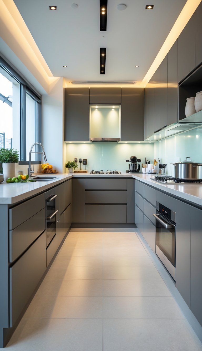 A split view of two modern kitchens showing efficient space use: a compact kitchen with vertical storage on one side and a spacious kitchen with a large island on the other.