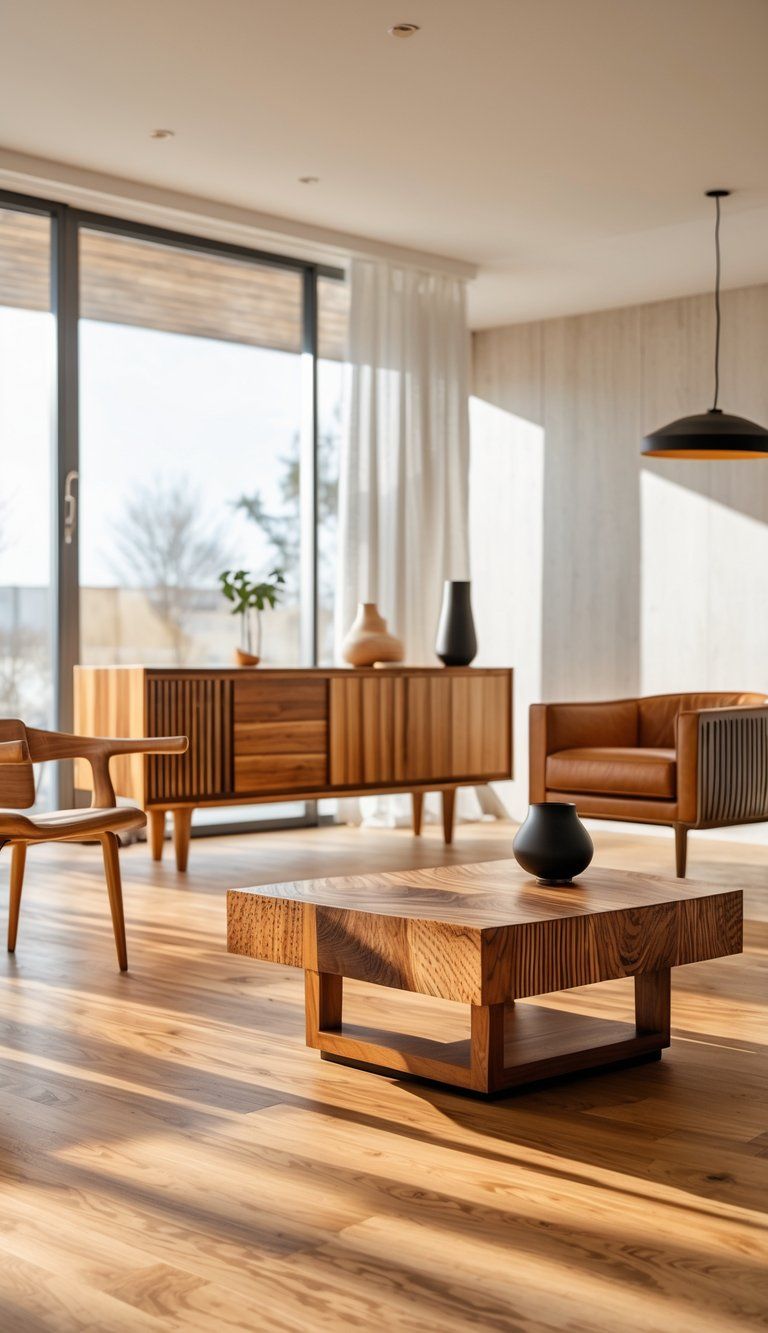 A living room with wooden furniture and hardwood floors showing different wood grain patterns and textures.