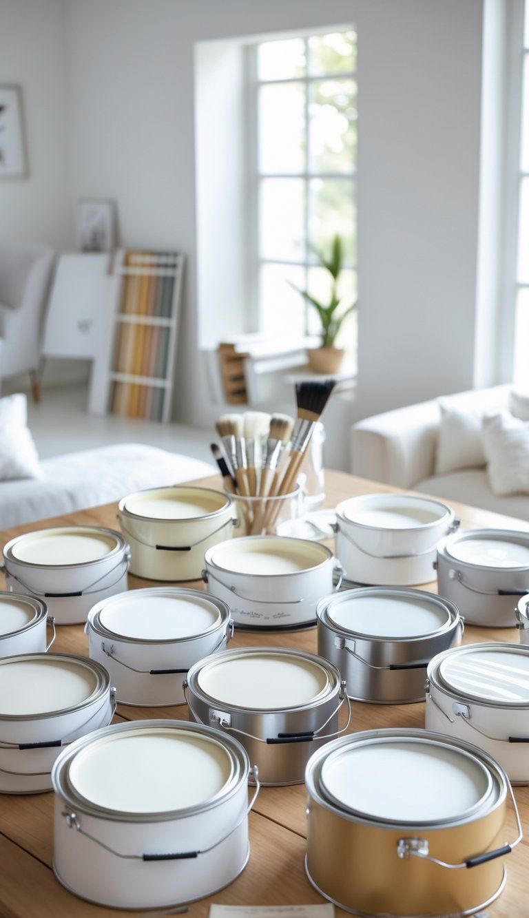 A table with various white paint swatches and open paint cans in a bright room with natural light.