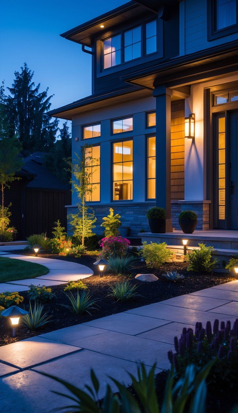A modern home exterior at twilight with pathway lights, garden spotlights, and wall sconces illuminating the yard and entrance.