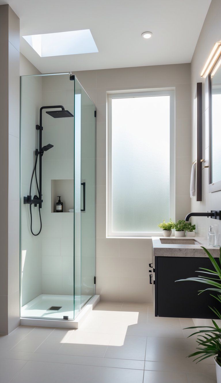 A modern bathroom with a glass shower, floating vanity, quartz countertop, and natural light coming through a window.