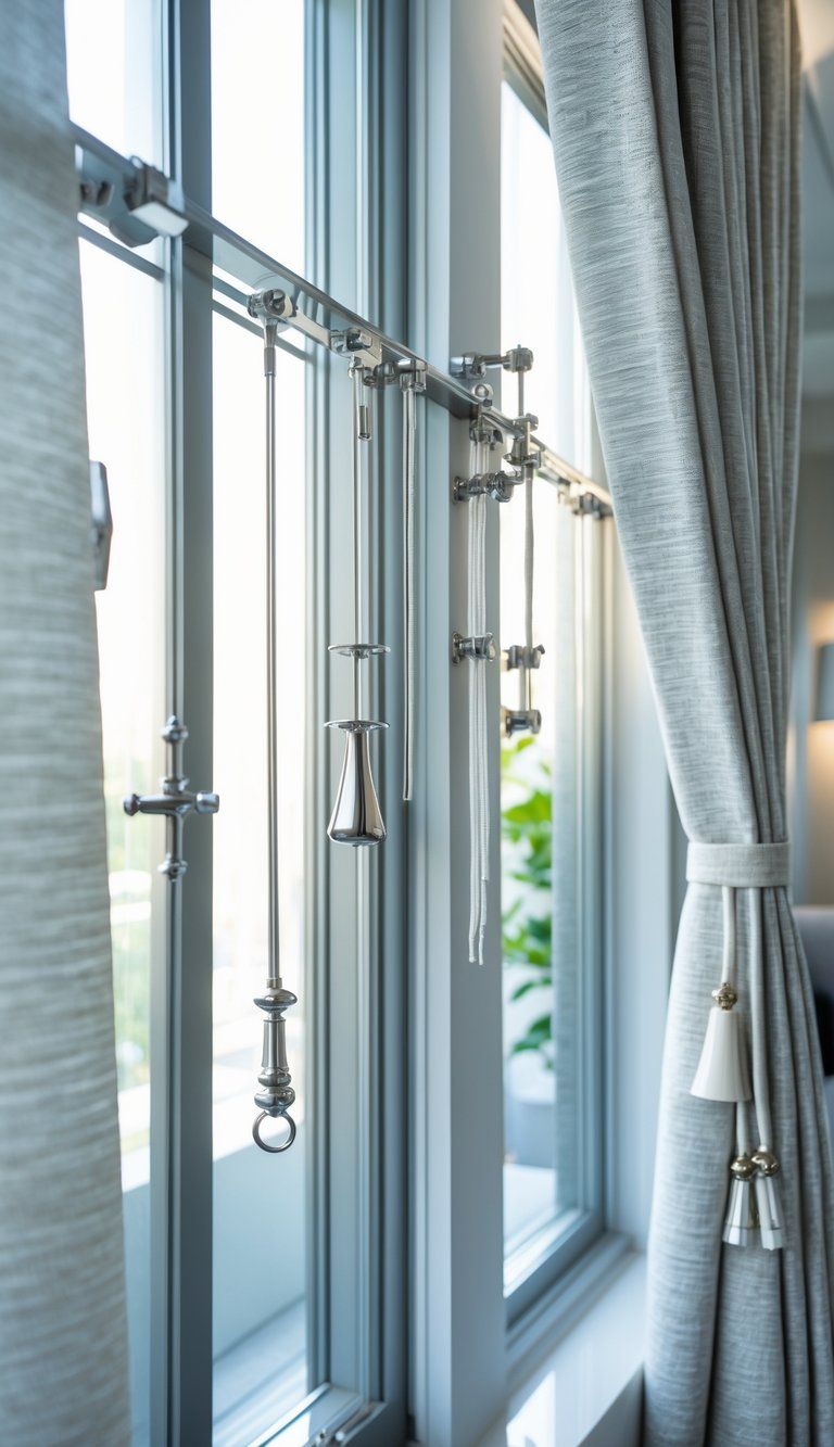 A modern window with neatly installed curtain hardware and accessories in a bright living room.