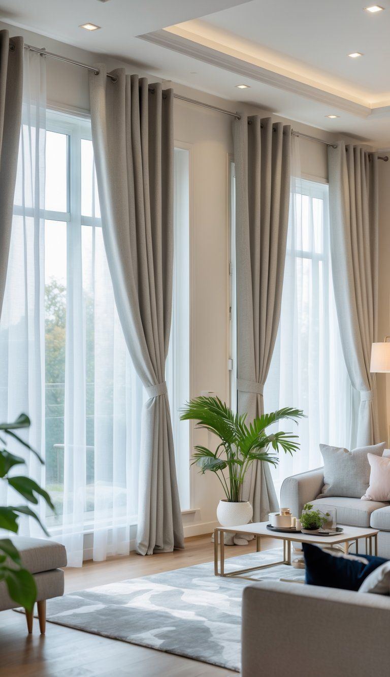 A modern living room with large windows dressed in elegant curtains that softly filter natural light into the space.
