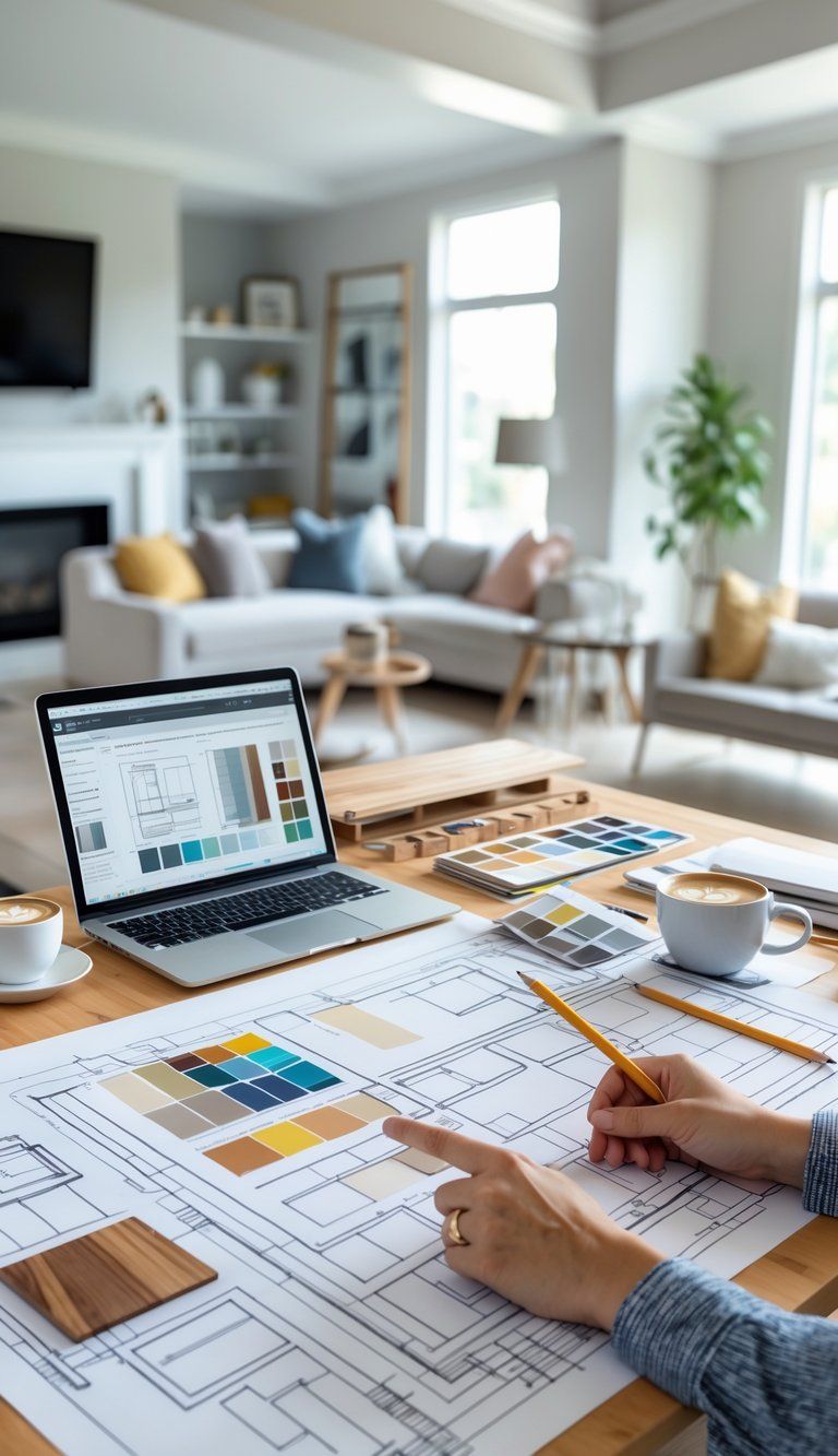 Two people collaborating over home renovation blueprints and material samples on a table with a partially renovated living room in the background.