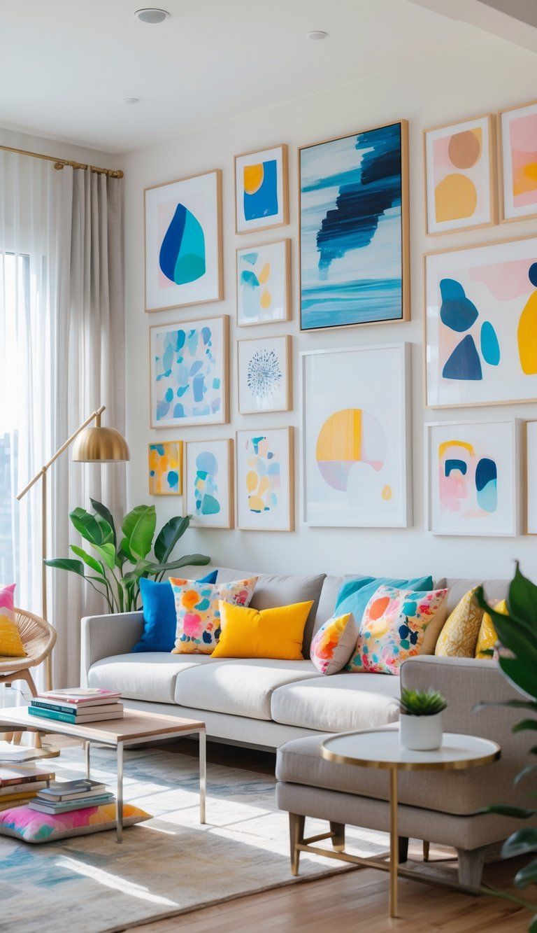 A well-lit living room with a sofa, coffee table, indoor plants, and various framed artworks displayed on the walls.
