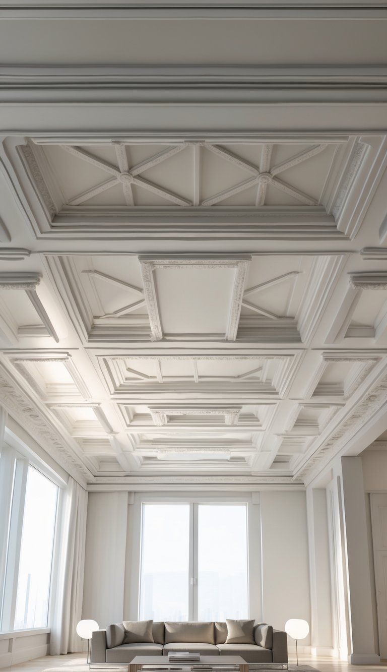 Interior room with a detailed ceiling featuring coffered panels and wooden beams above modern furniture.