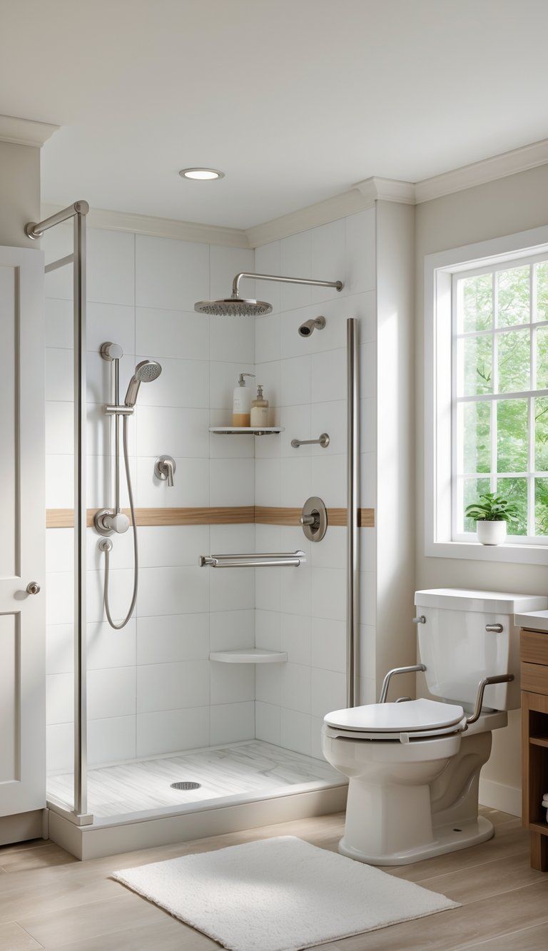 A modern bathroom with accessible features like grab bars, a walk-in shower with a seat, raised toilet, and wide doorways designed for ease of use.